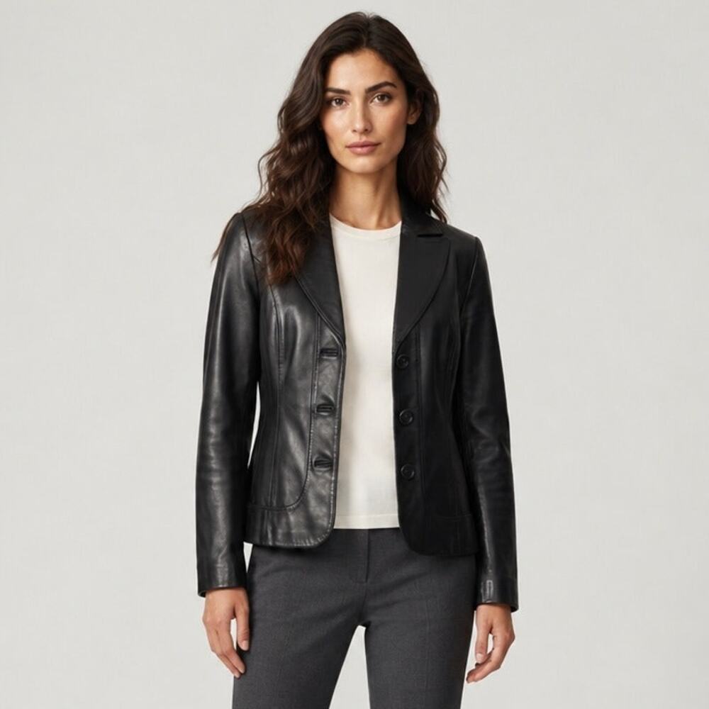 Guess Black Genuine Leather Blazer Jacket Womens Size L Tailored 3-Button